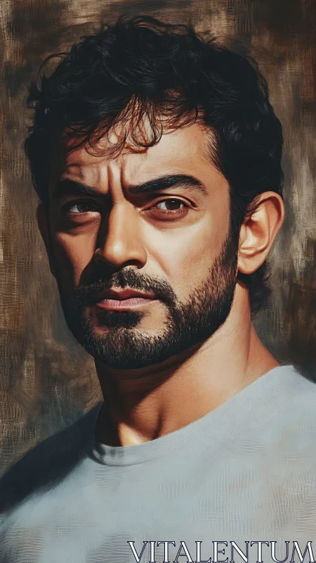 Brooding bearded gaze in warm painterly spotlight portrait.