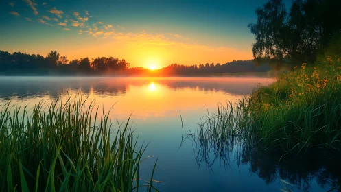Sunrise slips like liquid gold across the quiet misty lake