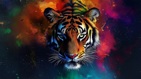 Tiger portrait on multicolored abstract cosmic background.