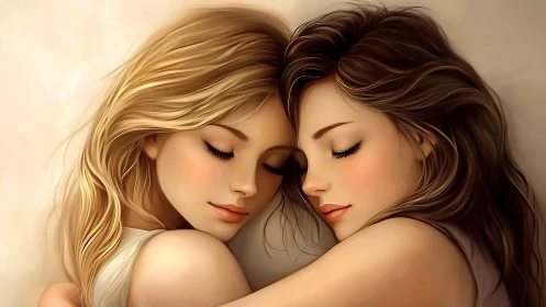 Peaceful Embrace of Two Women in Soft Digital Art Style.