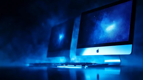 Nebula-lit desktop duo hums in cobalt studio glow.