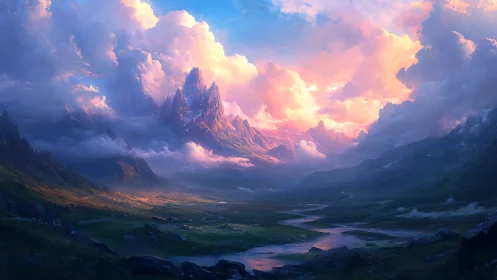 Mountain valley landscape under dense sunset cloud cover.