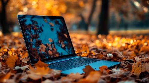 Ultrabook laptop in autumn foliage with reflective glass display