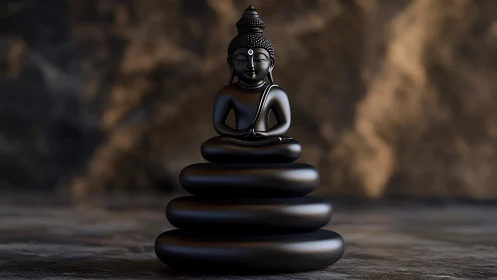 Peaceful Buddha statue resting on smooth black stones.