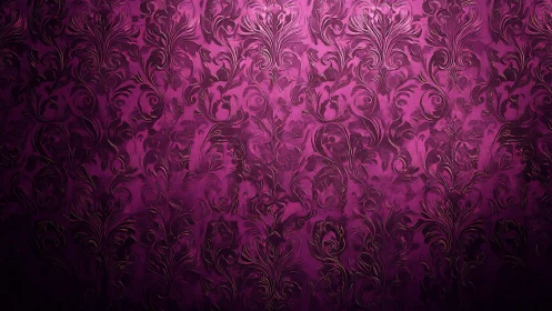 Ornate magenta damask wallpaper with embossed floral scrolls.
