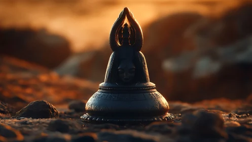 Bronze idol with sculpted face on rocky ground at sunset.