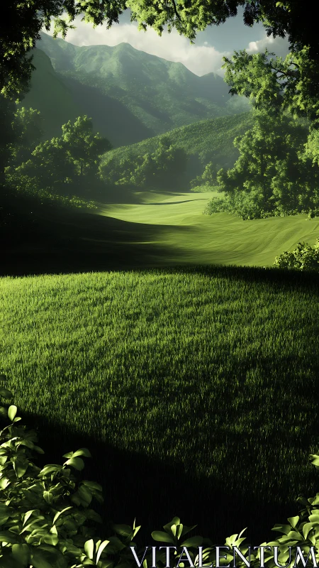 Soft morning light gently embraces a quiet green valley