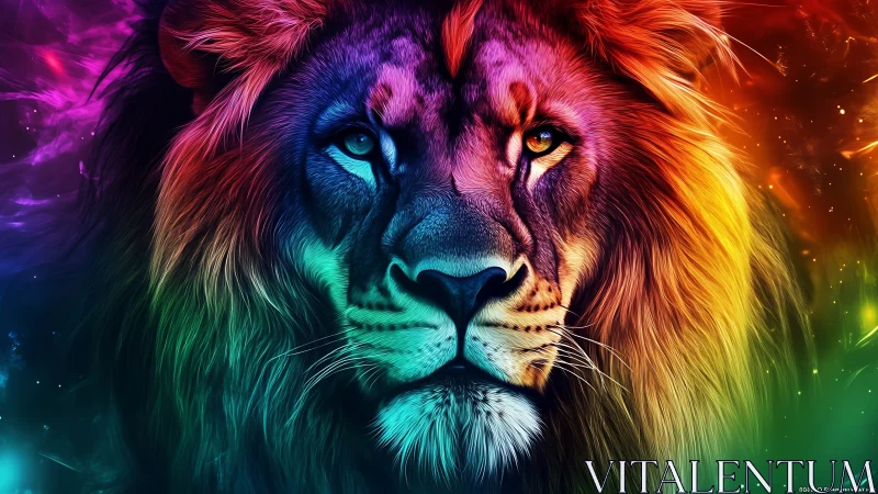 Rainbow crowned lion gazing through swirling cosmic light.