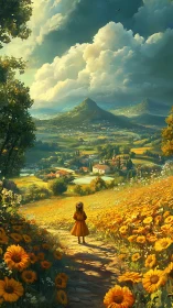 Girl in golden flower field gazes toward a sunlit valley village