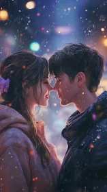 Luminous Collision: Two Souls Meet in Neon Snow.