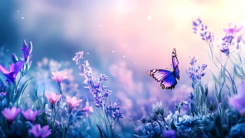 Chromatic lepidopteran hovering above bokeh-lit meadowscape.