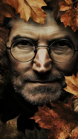 Portrait immersed in autumn leaves with intense, aging gaze.