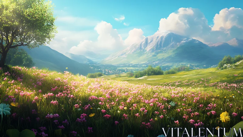 Bright wildflower meadow below snow capped mountain range.