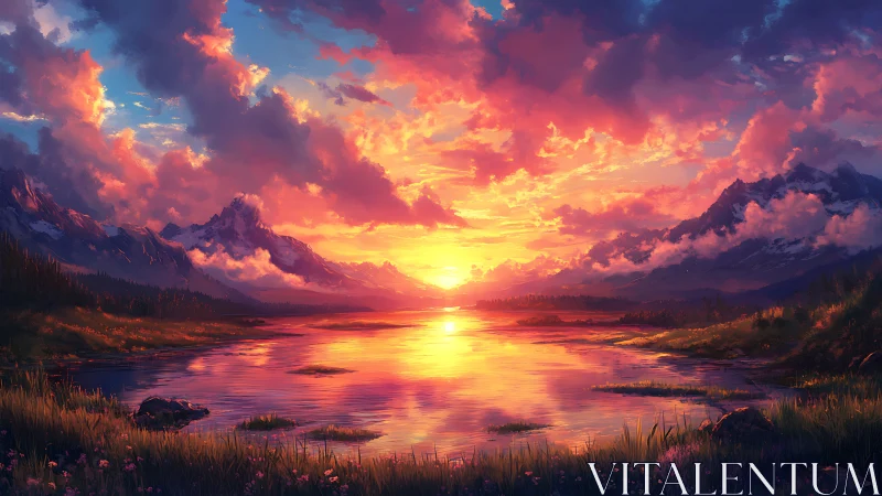 Sunset lake cradled by glowing mountains and wild meadows.