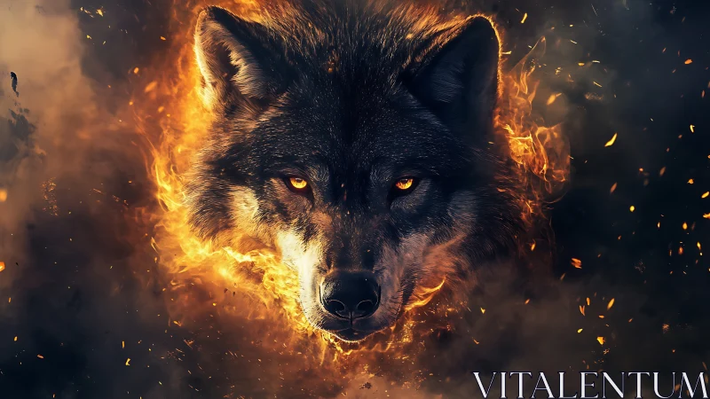 Digital painting of fiery wolf portrait with dramatic chiaroscuro.
