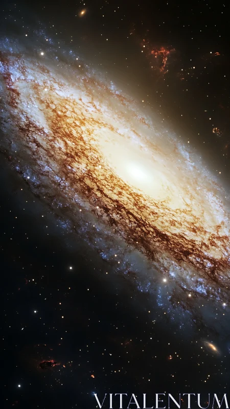 Spiral galaxy core glows amid dense dust lanes and stars.