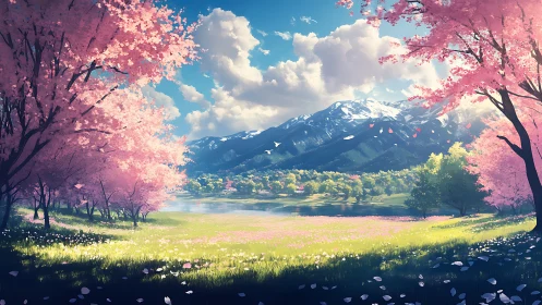 Gentle spring valley wrapped in soft cherry blossom light.