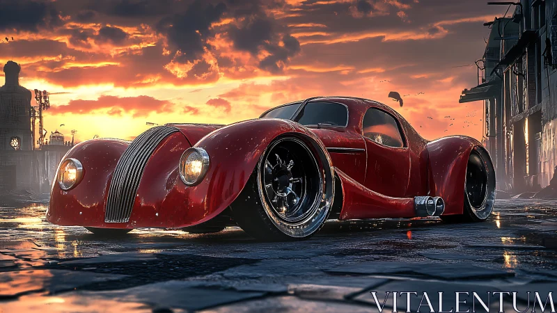 Crimson retro rocket kisses wet cobblestones at sunset