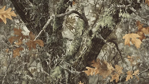 Lichen-covered oak trunk with autumn maple leaves.