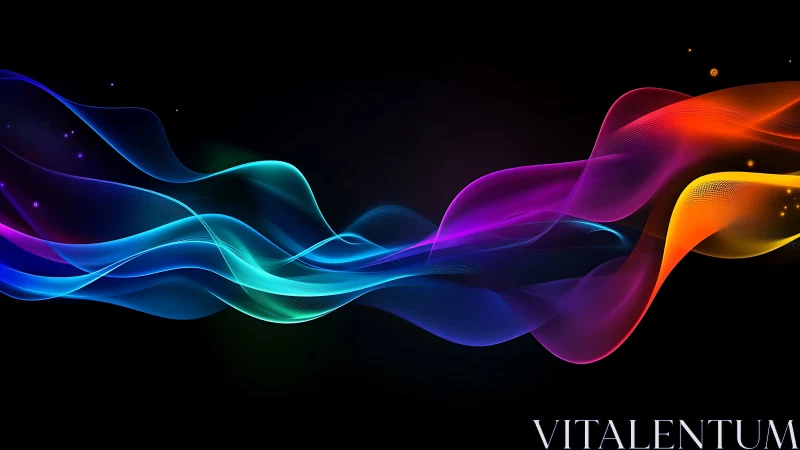 Multicolor luminous waveforms on black digital background.