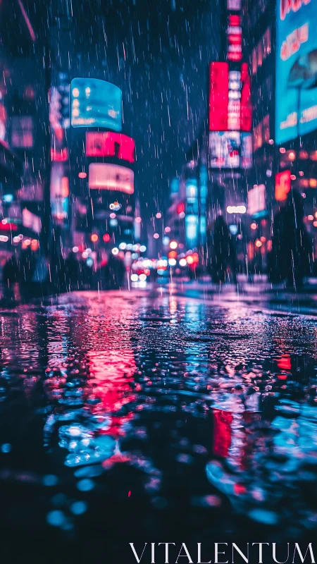 Neon soaked city street in rainfall with shallow depth of field
