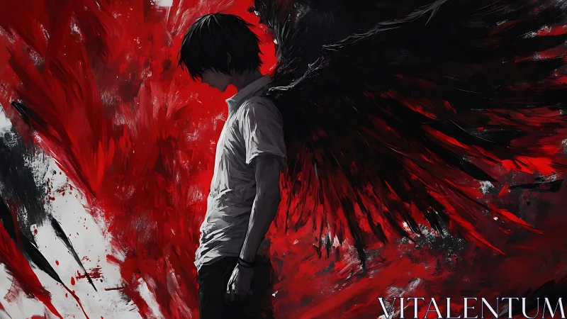 Shadowed winged figure amid red-black kinetic paint field.