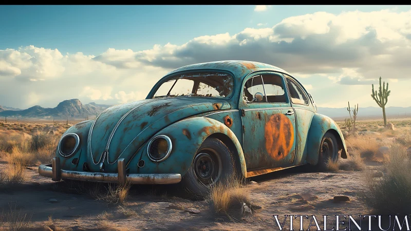 Rusted turquoise Beetle abandoned in arid desert landscape