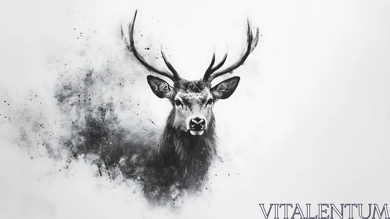 Monochrome stag portrait with abstract ink dispersion effect.