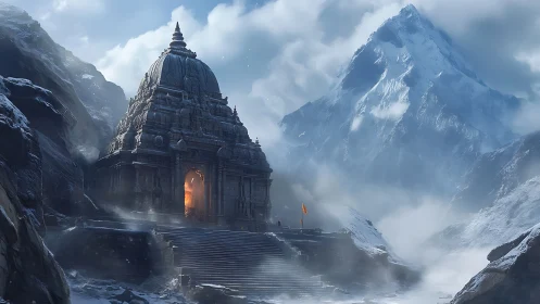 Ancient stone temple glows against misty Himalayan mountain backdrop