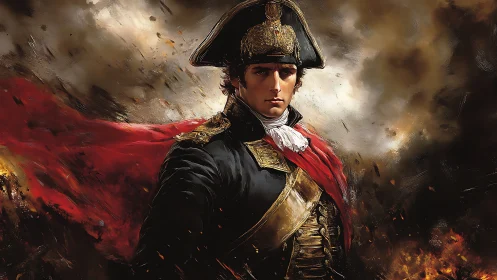 Uniformed officer in ornate bicorne amid turbulent sky.