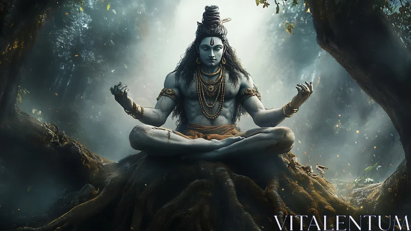 Digital painting of meditative deity amid entwined forest roots.