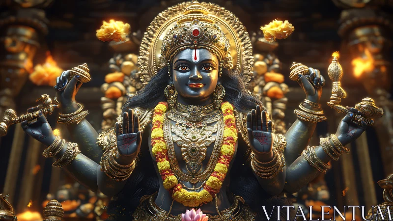 Multi-armed Hindu goddess statue rendered in ornate detail