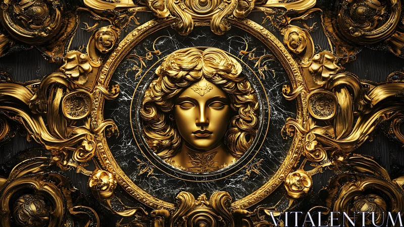 Baroque gilded female medallion anchors ornate sculptural relief