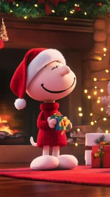 Smiling cartoon boy in Santa hat holding gift by fireplace.