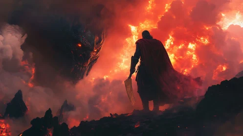 Volcanic confrontation with demonic fire entity in cinematic detail.