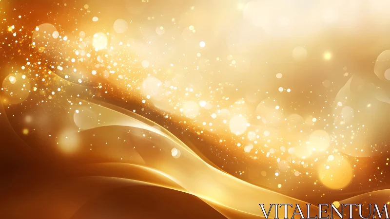 Abstract golden waves with sparkling light bokeh, digital art style.