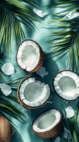 Tropical coconut halves with palm fronds on teal surface.