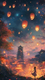 Lantern-filled sky over illuminated pagoda festival at dusk.