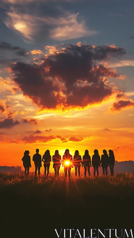 Silhouetted friends stand united beneath a blazing sunset sky