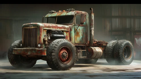 Rusty heavy-duty truck in atmospheric industrial garage.