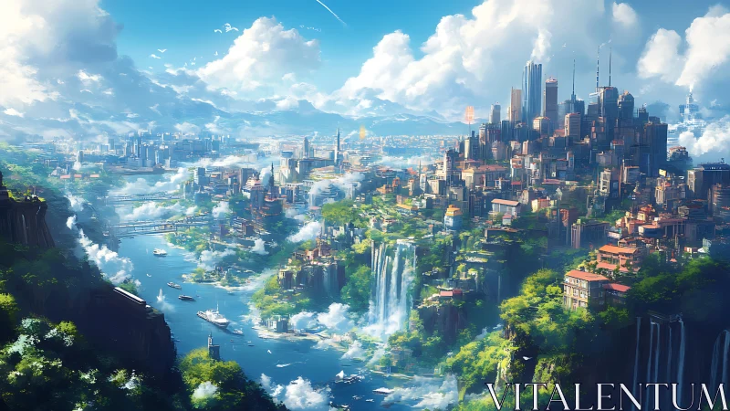 Futuristic river megacity rises above lush cascading cliffs.
