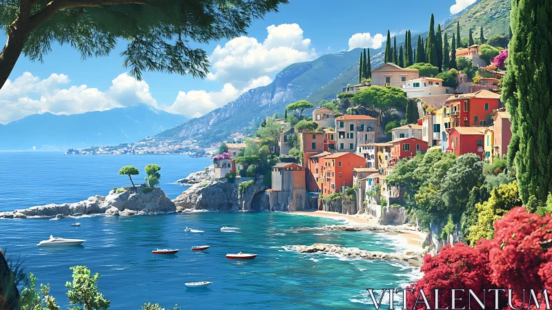 Colorful coastal village on steep Mediterranean hillside.