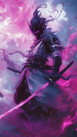Shadow samurai with glowing pink blades in misty void.