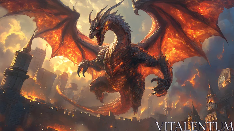 Infernal dragon engulfs burning citadel in molten sky