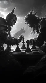 Armored knight and sorcerer locked in monochrome chess duel