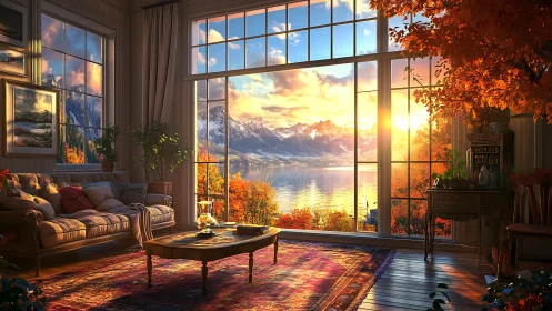 Interior lounge facing autumn lake and mountain sunset view.