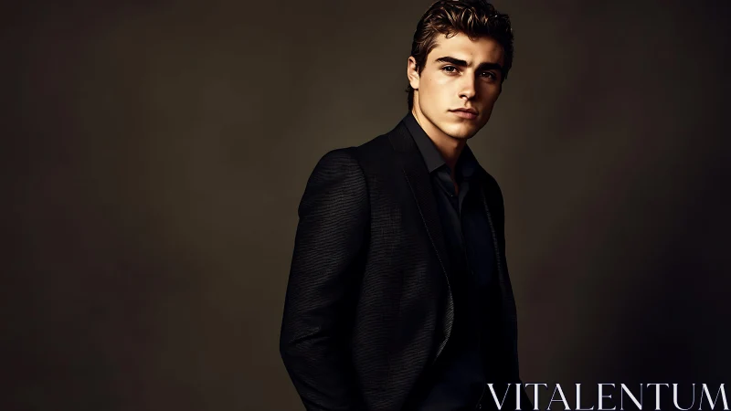 Moody studio portrait of stylish man in dark tailored suit.