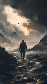 Lone explorer crossing molten valley beneath stormbreak skies.