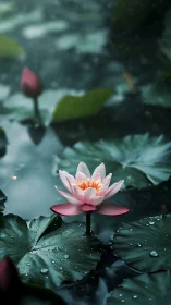 Serene pink lotus blooming over misty rain-dappled pond.