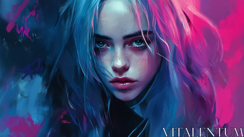 Digital portrait shows blue and magenta lit female face